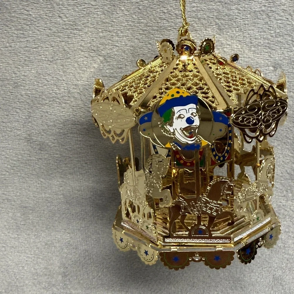 Unique Treasures Circus Clown Carousel Ornament Small Gold Metal Glass‎ Limited